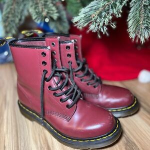 Red Lace-Up Boots with Yellow Stitching